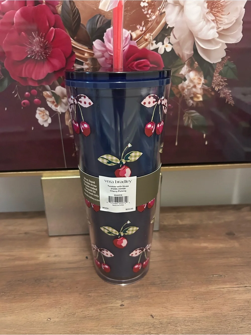 Vera Bradley Cherry Picking Print Navy Travel Tumbler with Straw
